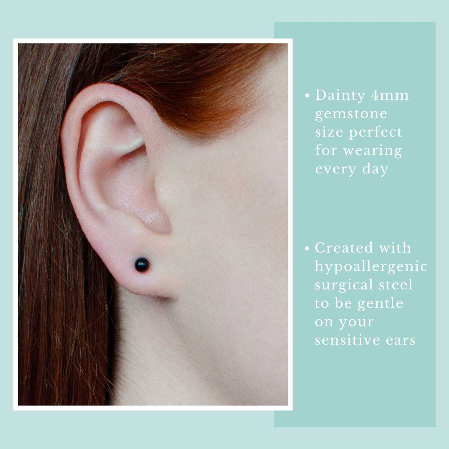 Model wearing tiny round black gemstone stud earring in earlobe.