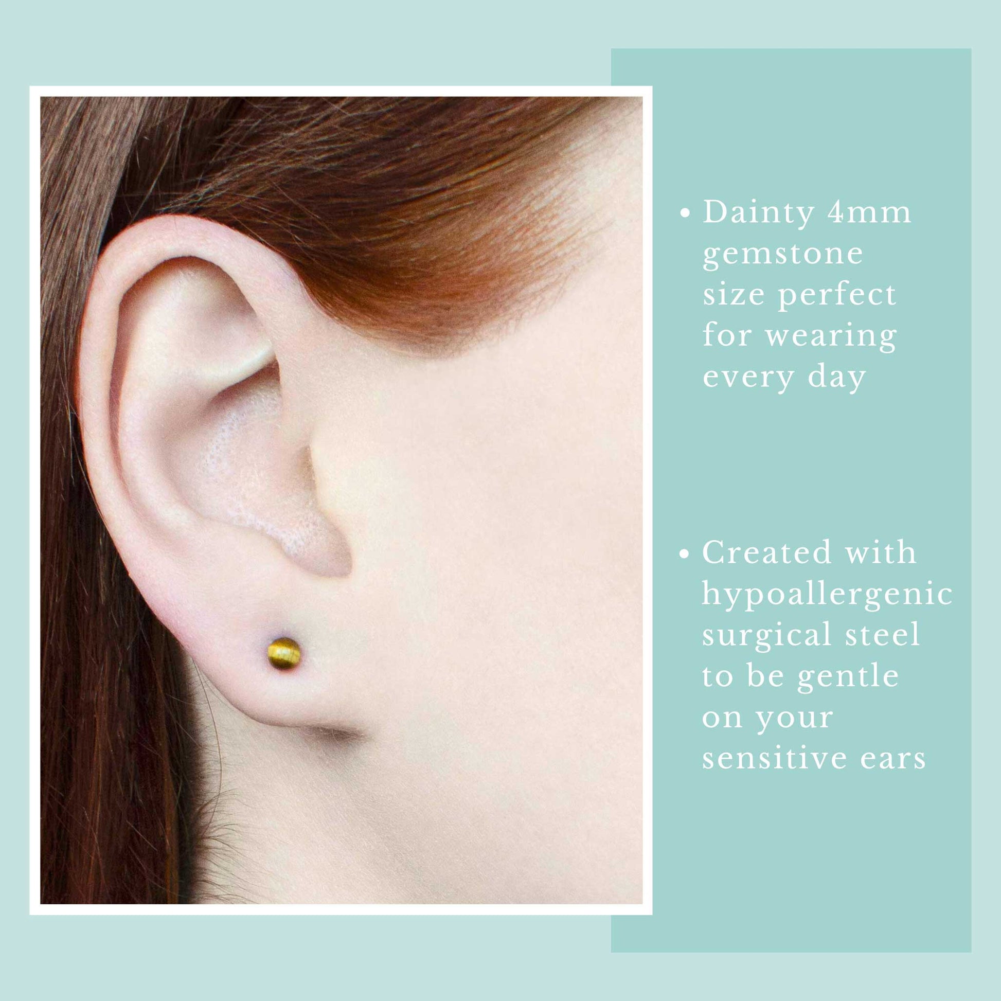 Woman wearing tiny Tiger's Eye stud earring.