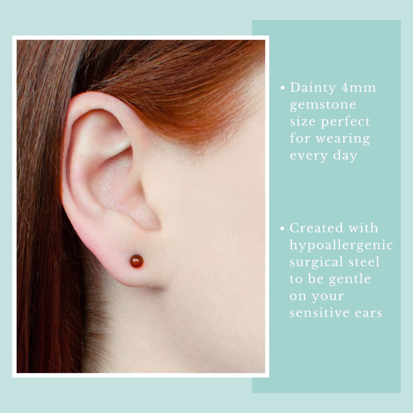 Carnelian stud earring worn on an ear with text about gemstone size and material