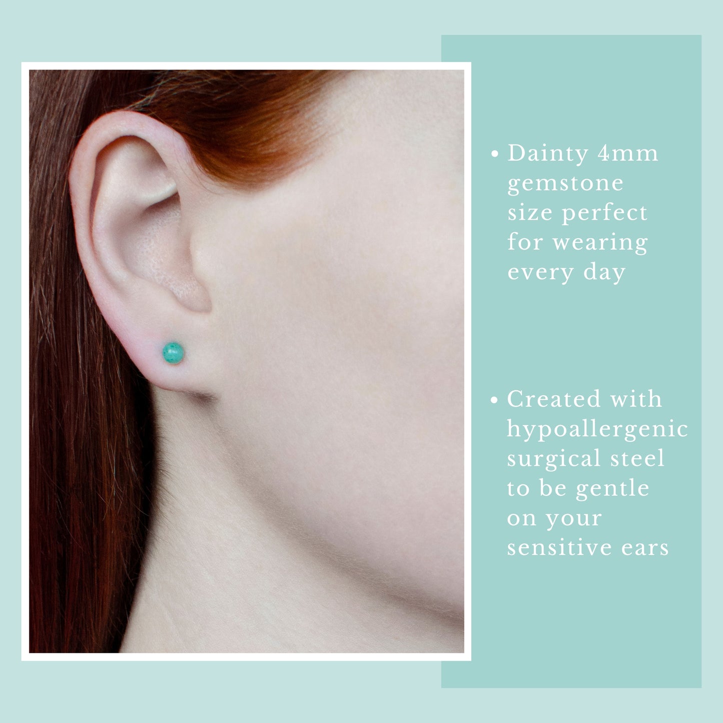 Close-up of an ear wearing a green gemstone earring with product details on a green blue background.