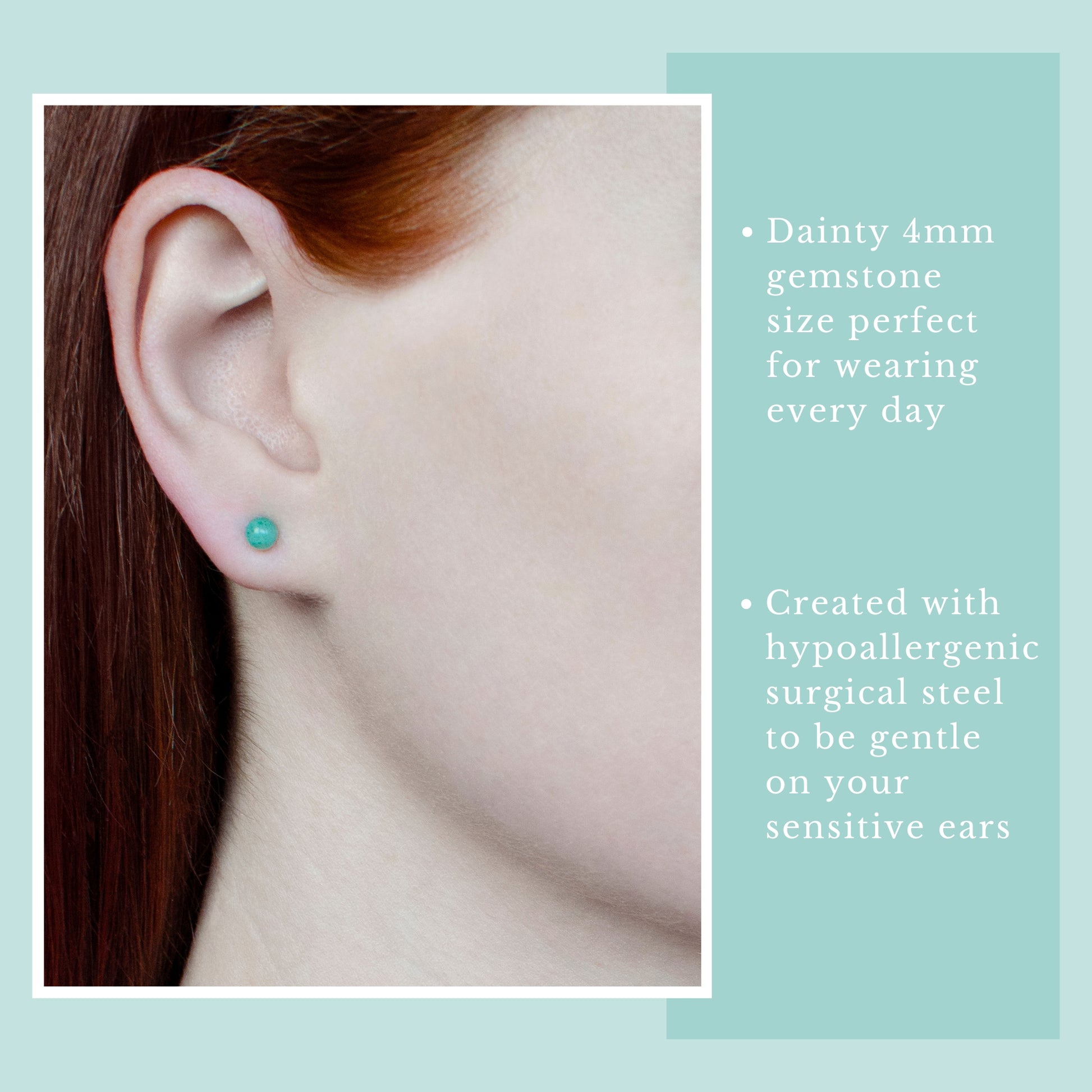 Close-up of an ear wearing a green gemstone earring with product details on a green blue background.