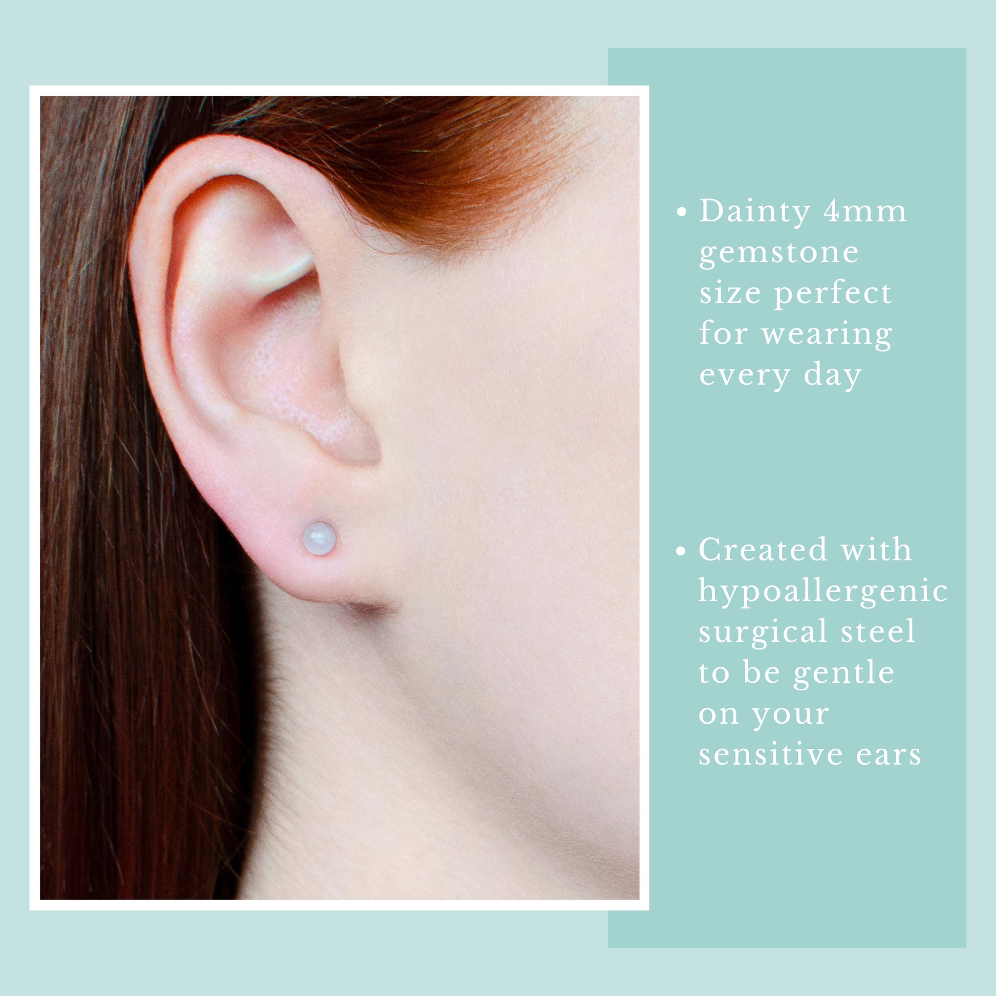 Pale pink earring worn on an ear with text about gemstone size and material