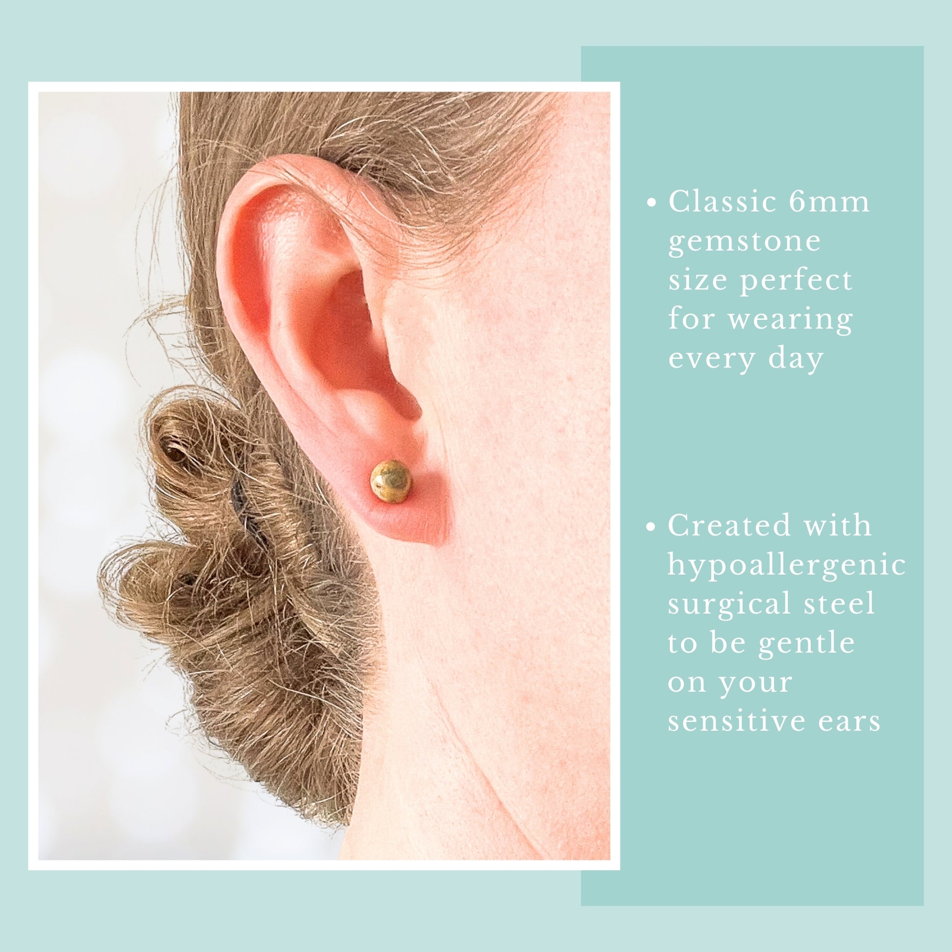 Jasper stud earring worn on an ear with text about gemstone size and material safety.