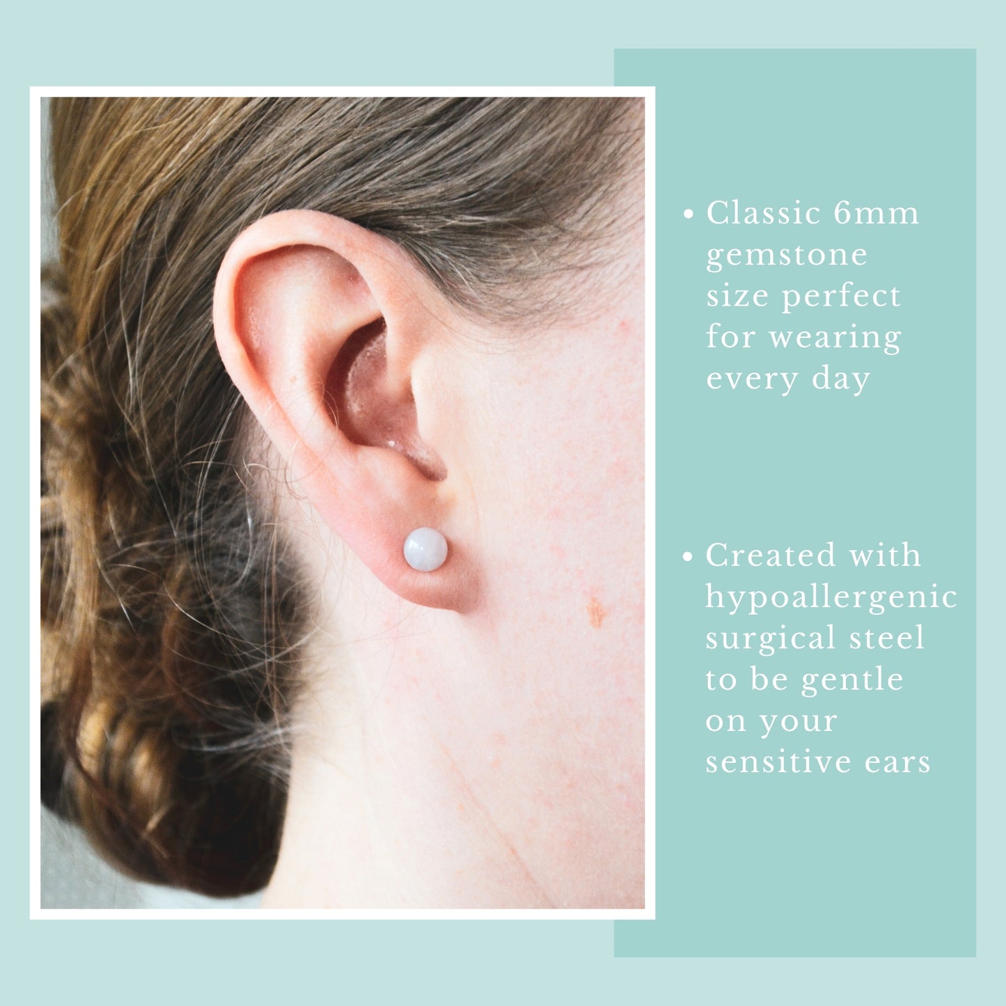 Close-up of an ear wearing a small pink earring with text about gemstone size and material.