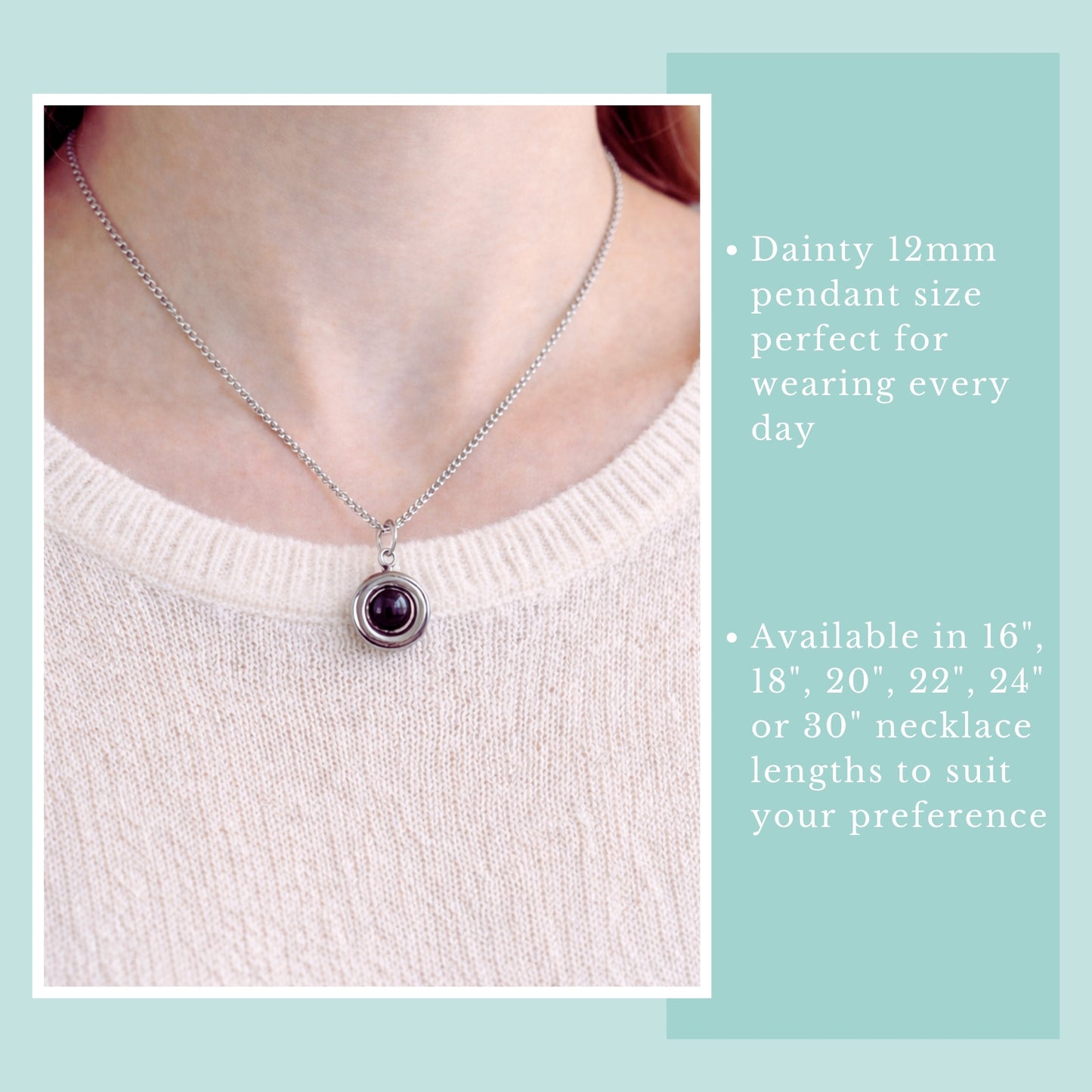 Model wearing Onyx gemstone fidget necklace and pale pink jumper.