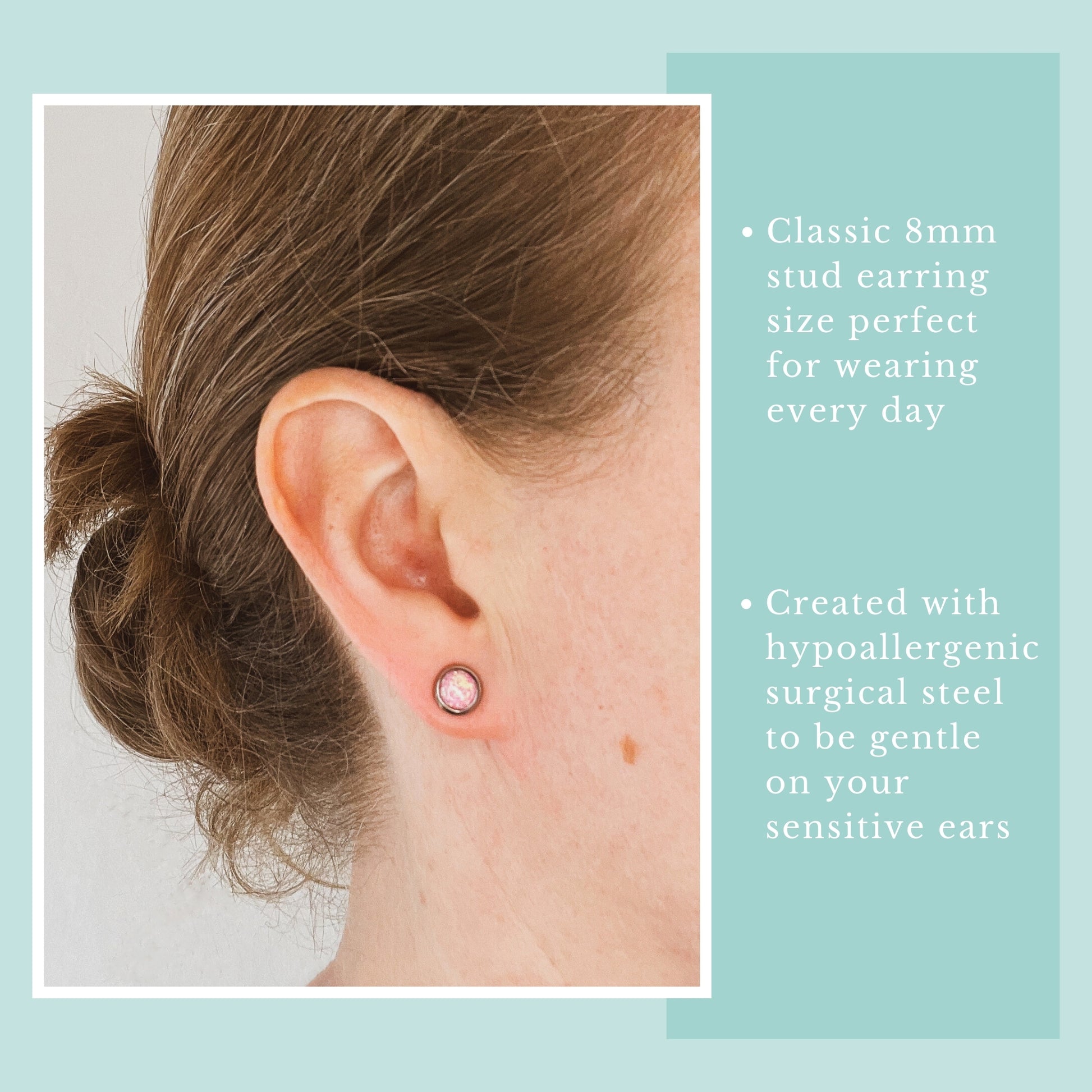 Model wearing pink lab Opal stud earrings.