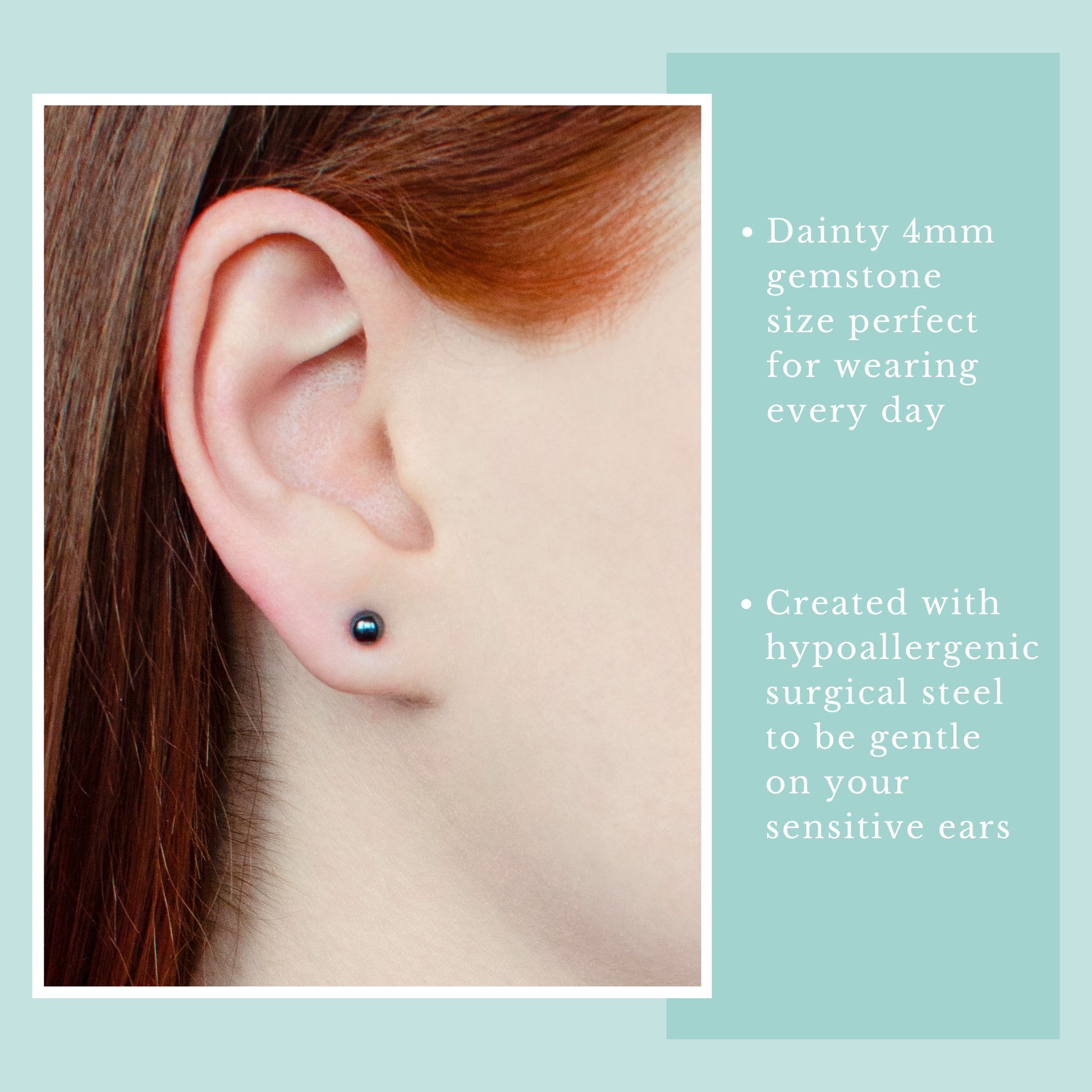 Close-up of an ear wearing a Hematite gemstone earring with product details on a light blue background.