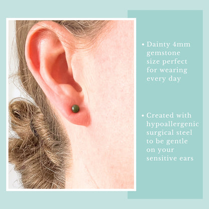 Model wearing tiny Jade gemstone stud earring.