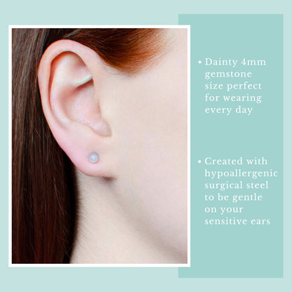 Model wearing tiny Rose Quartz stud earring.