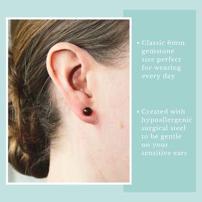 Model wearing dark orange Carnelian ball stud earring.