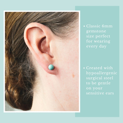 Model wearing Turquoise gemstone ball stud earring.