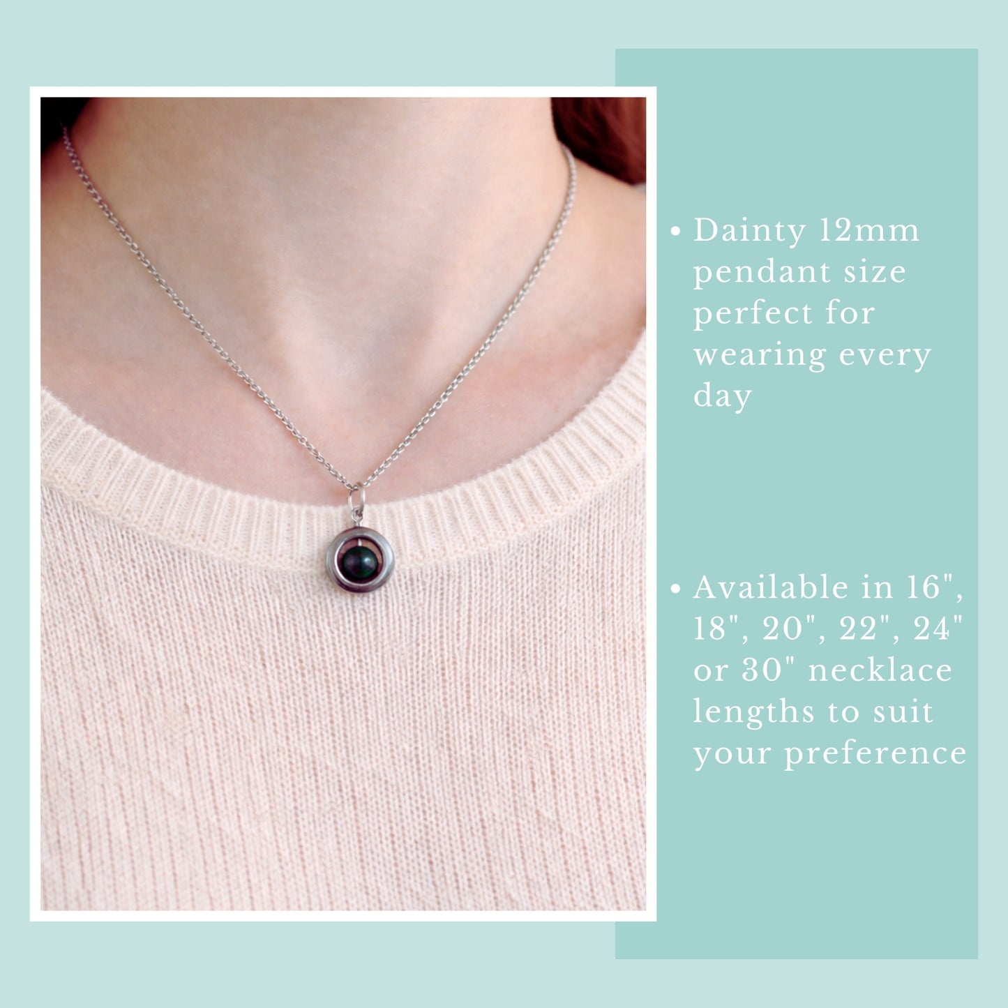 Model wearing Bloodstone spinner necklace and light pink jumper.