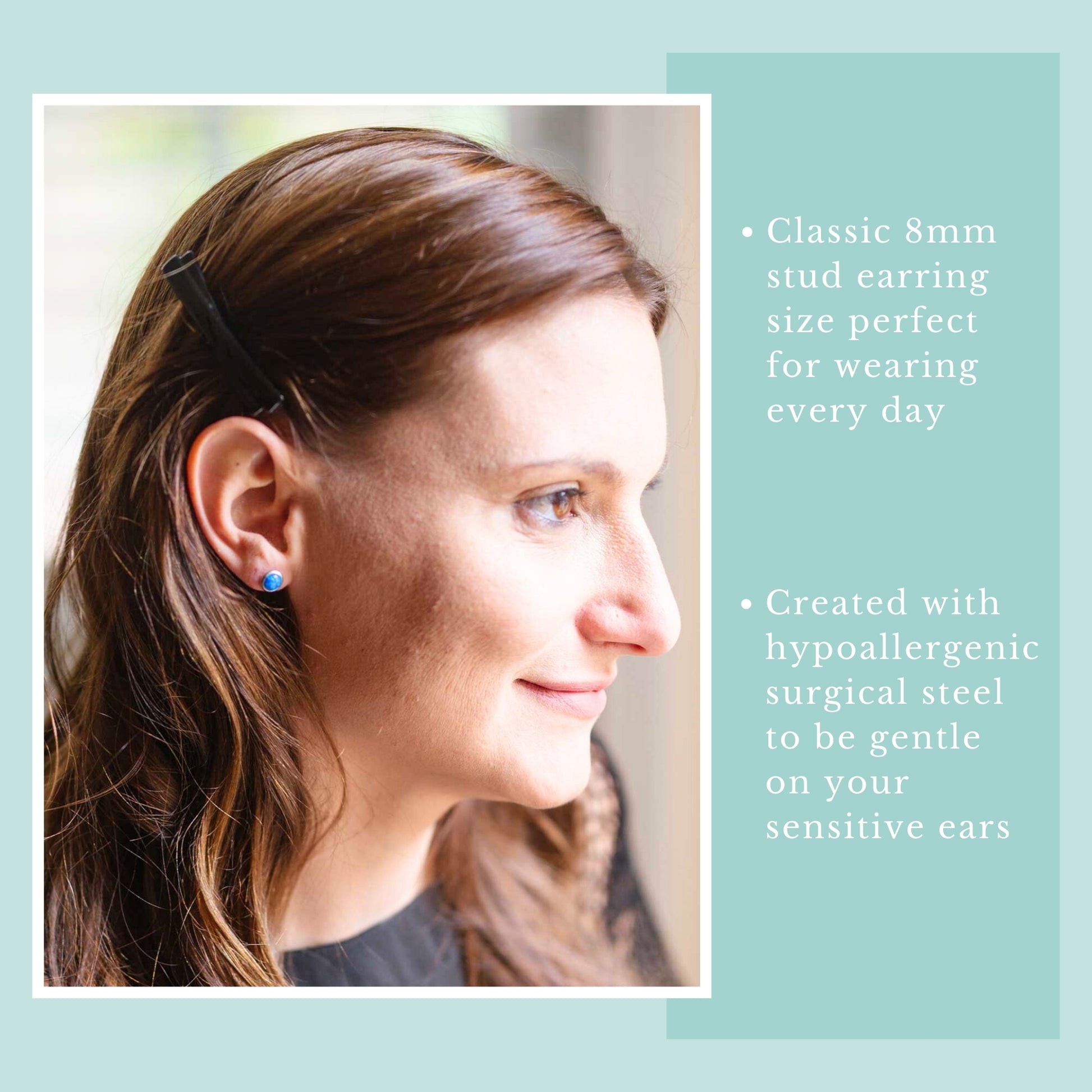 Model wearing blue lab Opal stud earring.