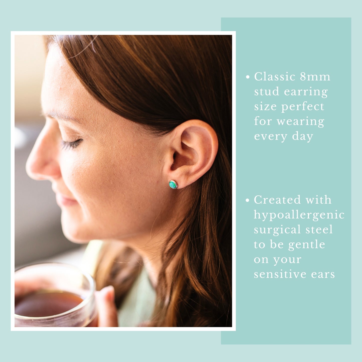 Model wearing green lab Opal stud earring.