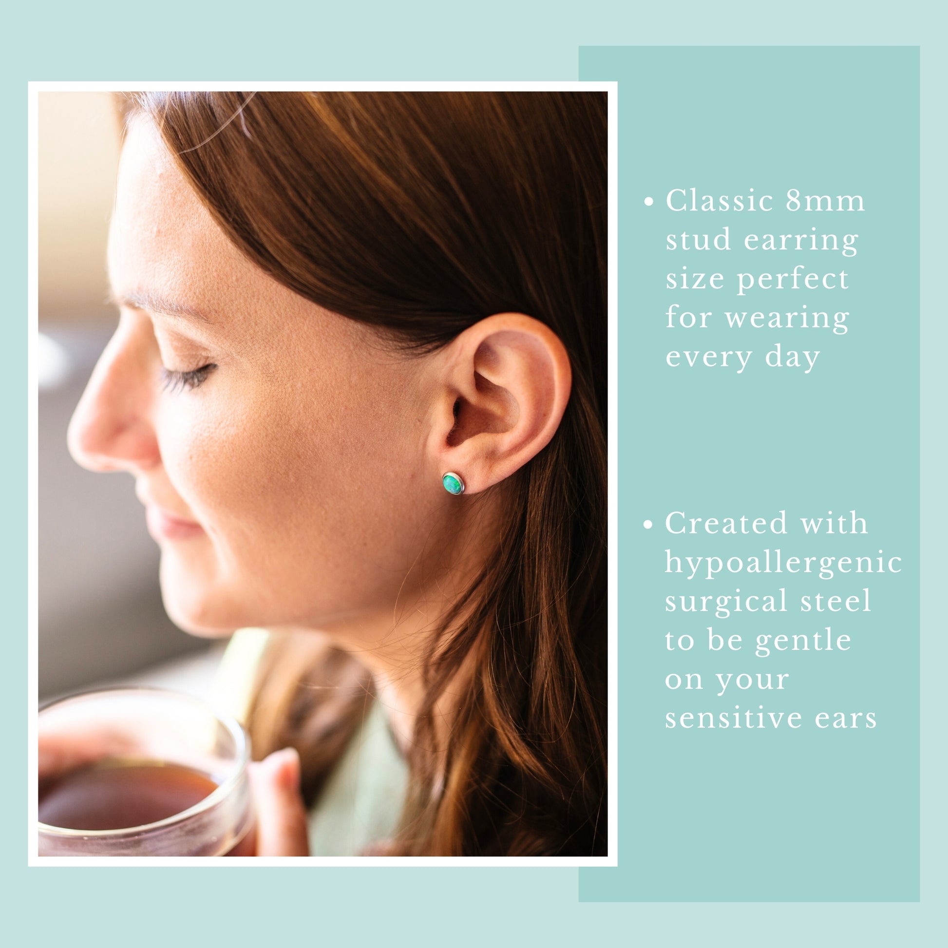 Model wearing green lab Opal stud earring.