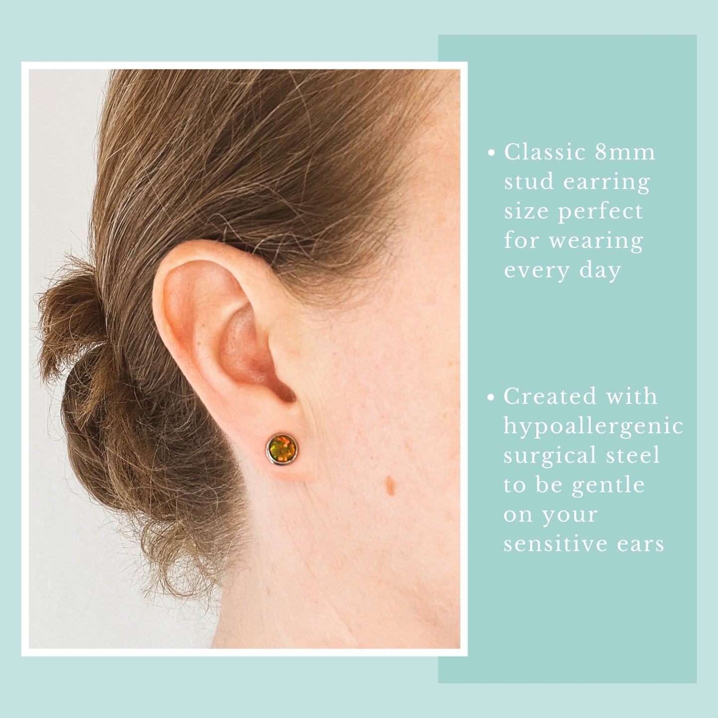 Model wearing olive green lab Opal stud earring.