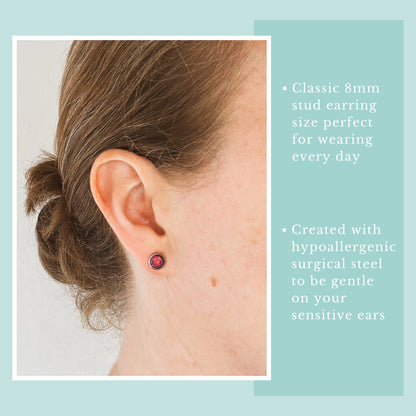 Model wearing purple lab Opal stud earrings.