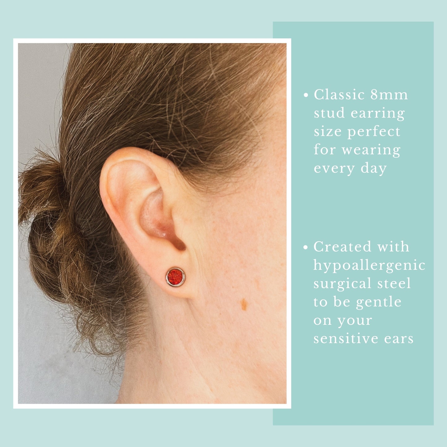 Model wearing red lab Opal stud earring.