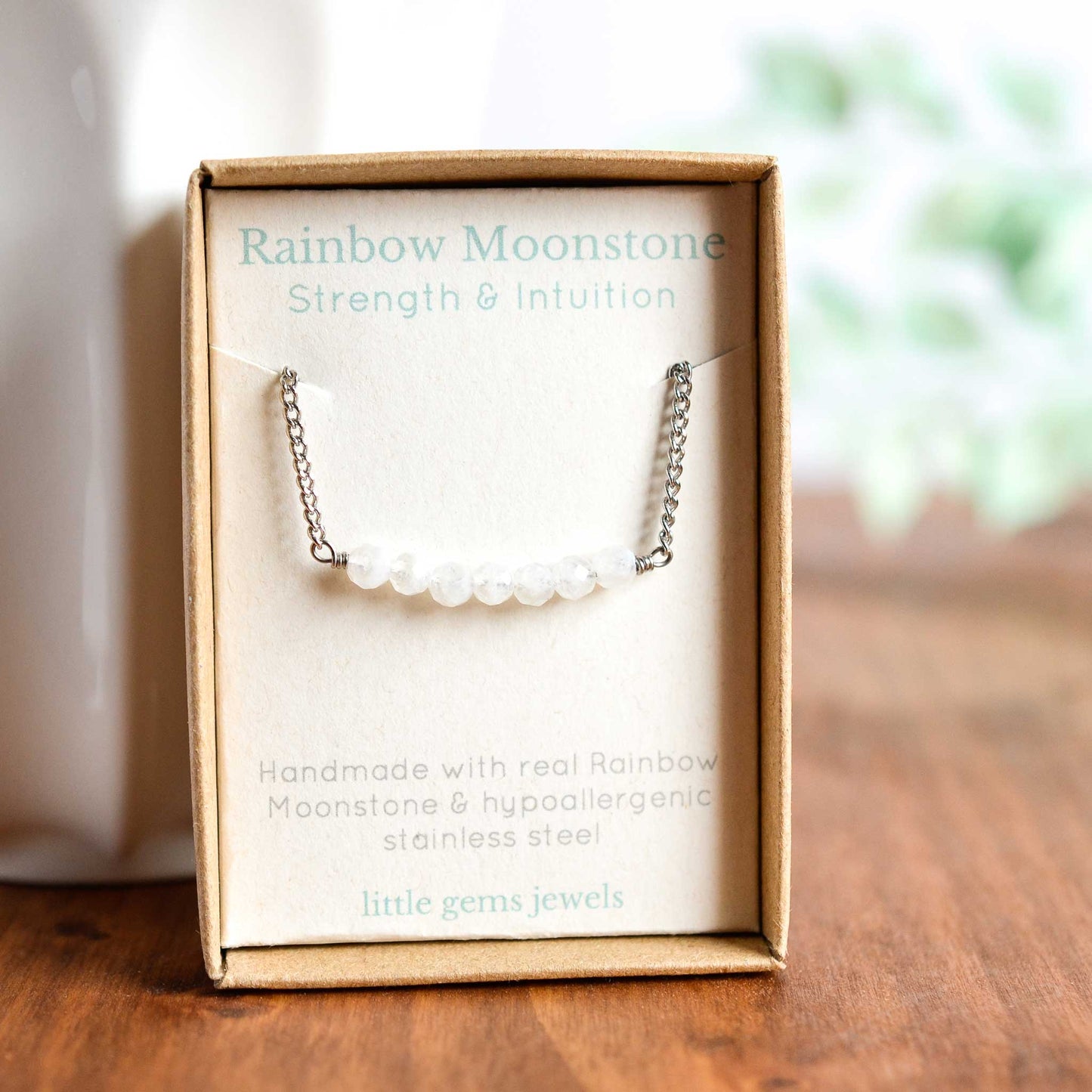 Rainbow Moonstone necklace in eco friendly gift box