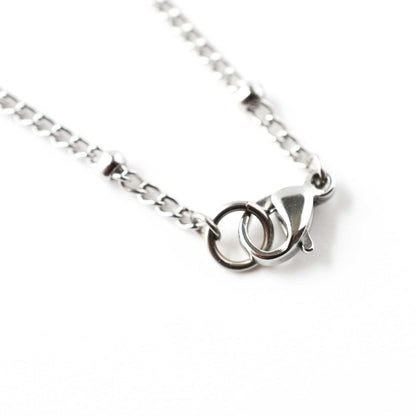 Close up of stainless steel lobster clasp on satellite chain