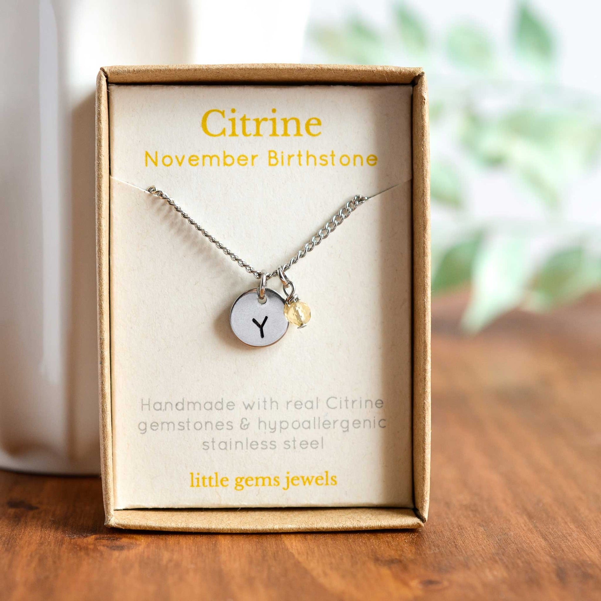 Citrine November birthstone and initial pendant necklace in gift box