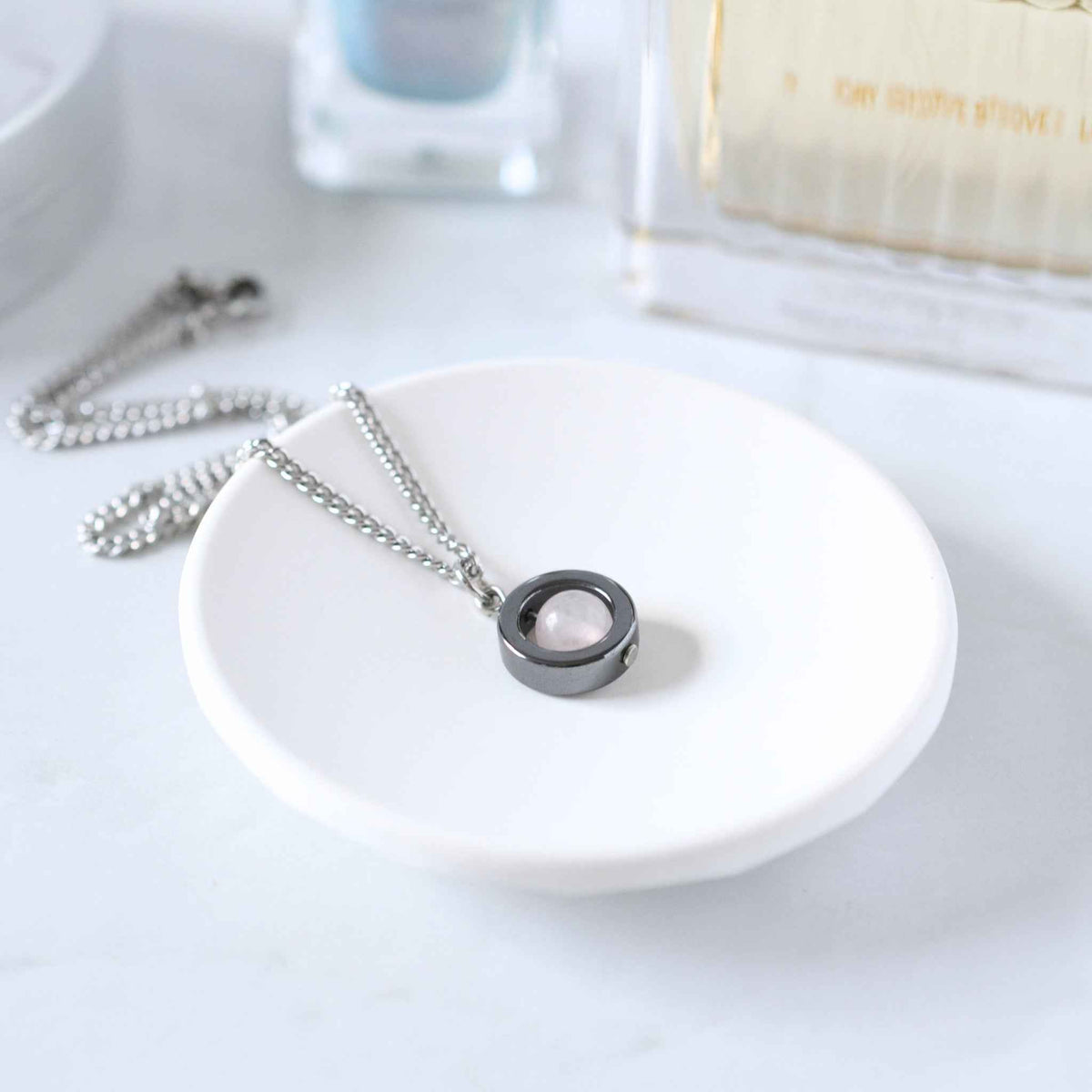 Rose Quartz Fidget Spinner Necklace & Stud Earrings Gift Set