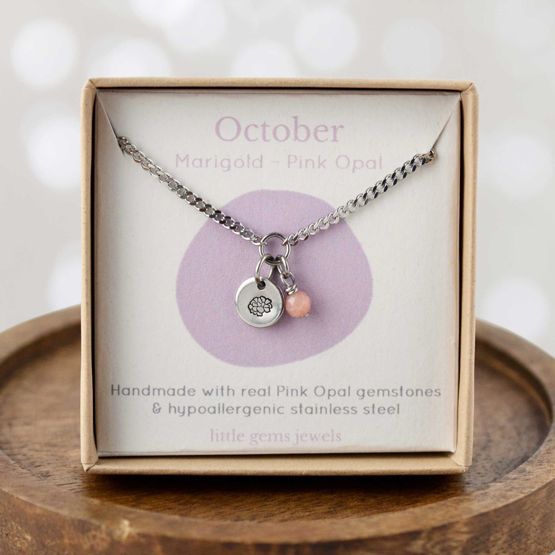 October Marigold Birthflower & Pink Opal gemstone dainty charm necklace in eco-friendly gift box