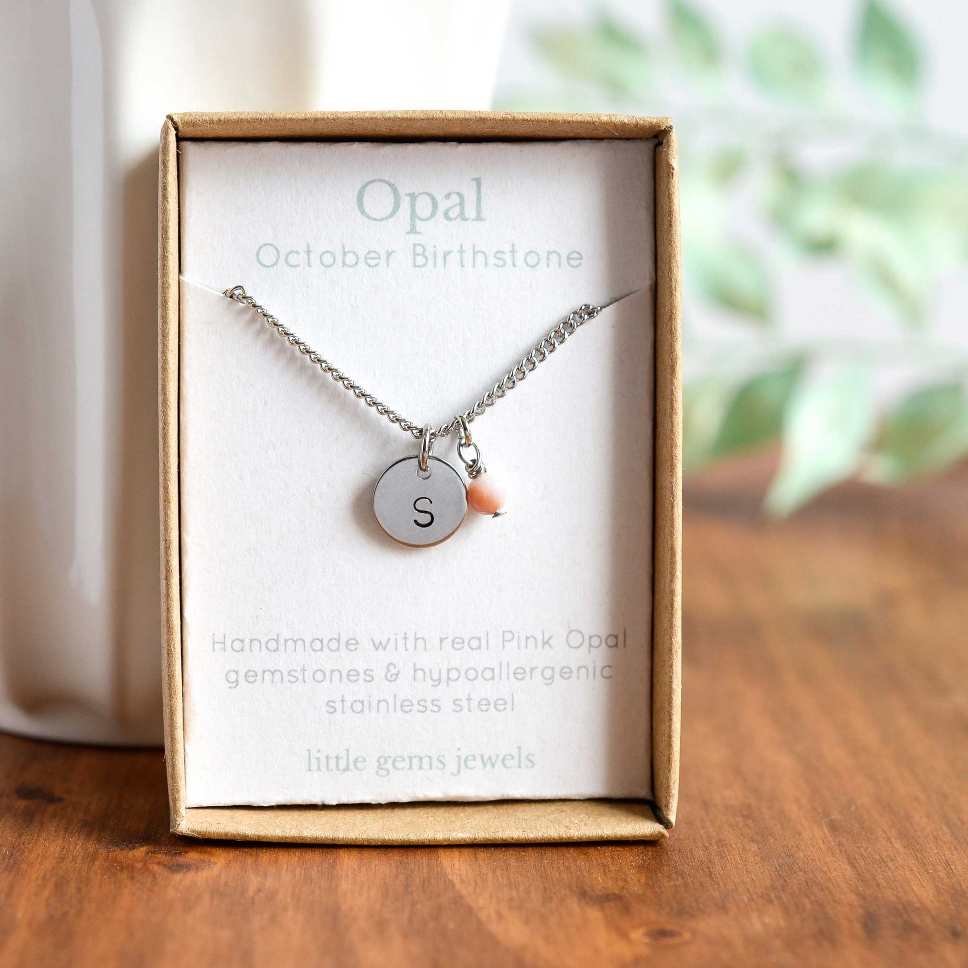 Pink Opal October birthstone and initial pendant necklace in gift box