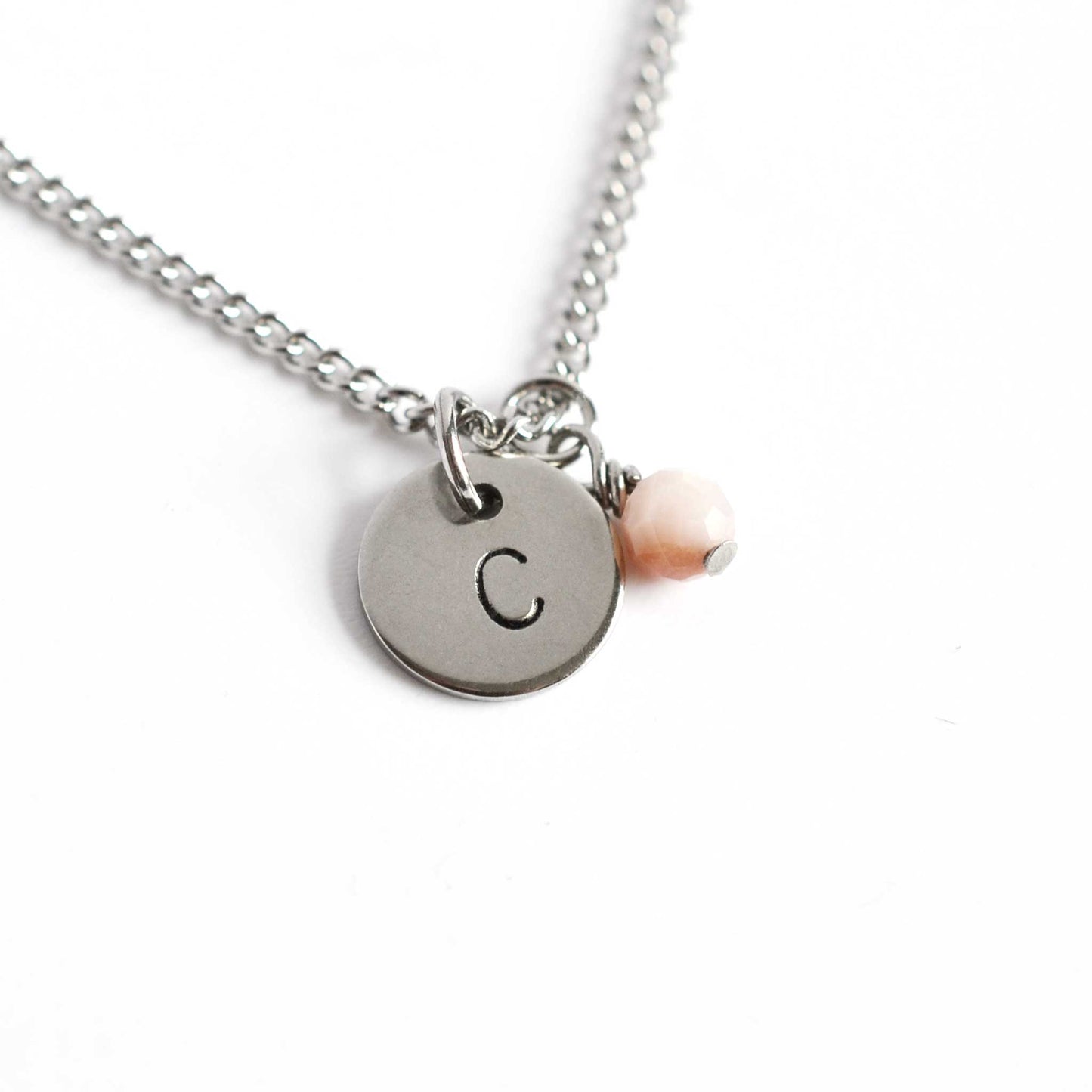 Letter C initial pendant necklace with Pink Opal October birthstone charm