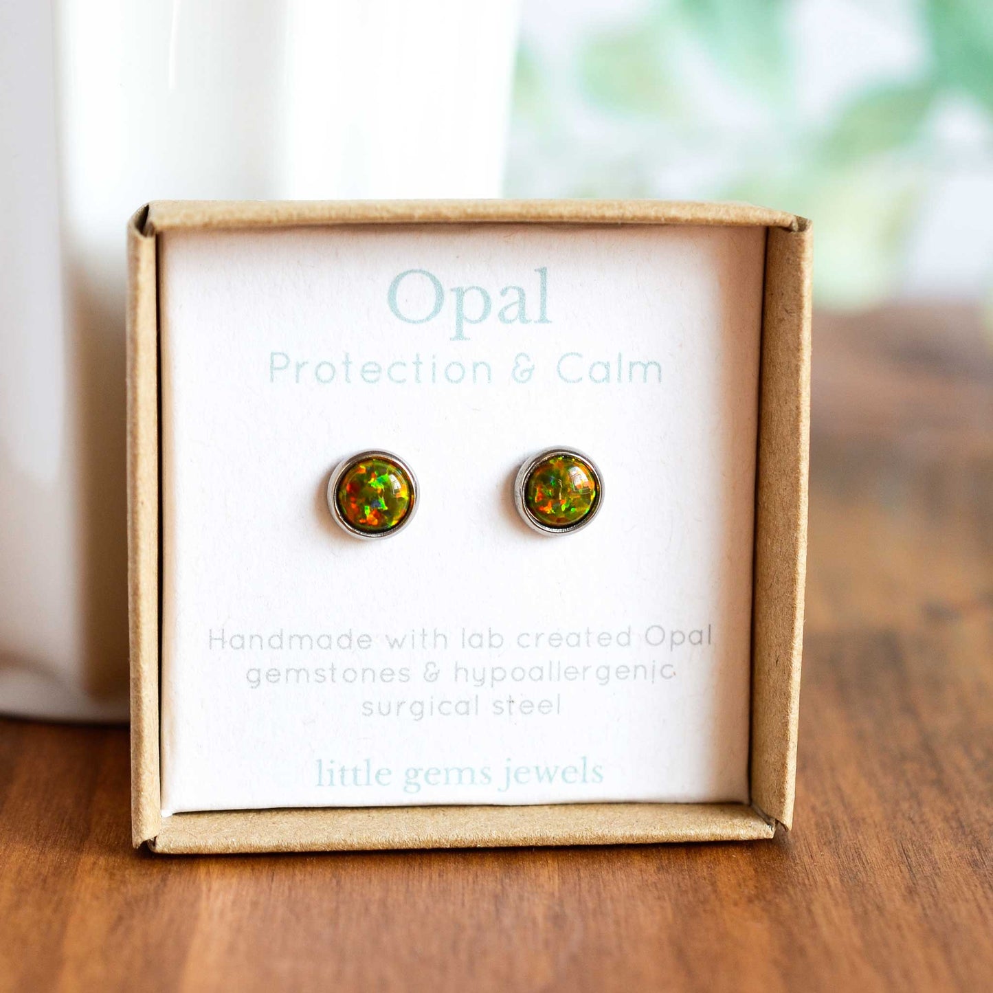 Dark green Opal stud earrings in eco friendly gift box