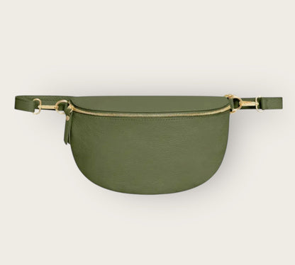 Green waist bag on a light gray background