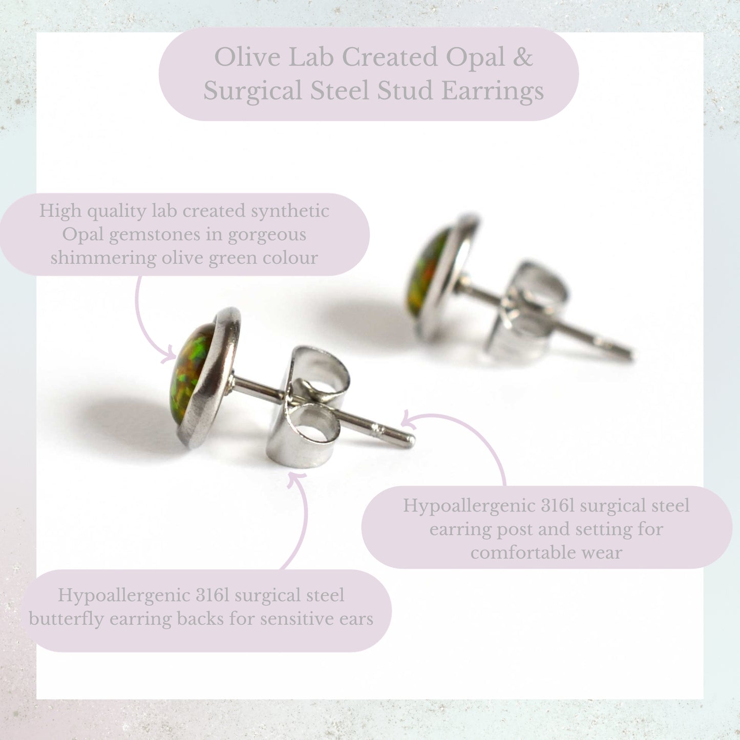 Olive Green Lab Created Opal & Surgical Steel Stud Earrings Product Information Graphic