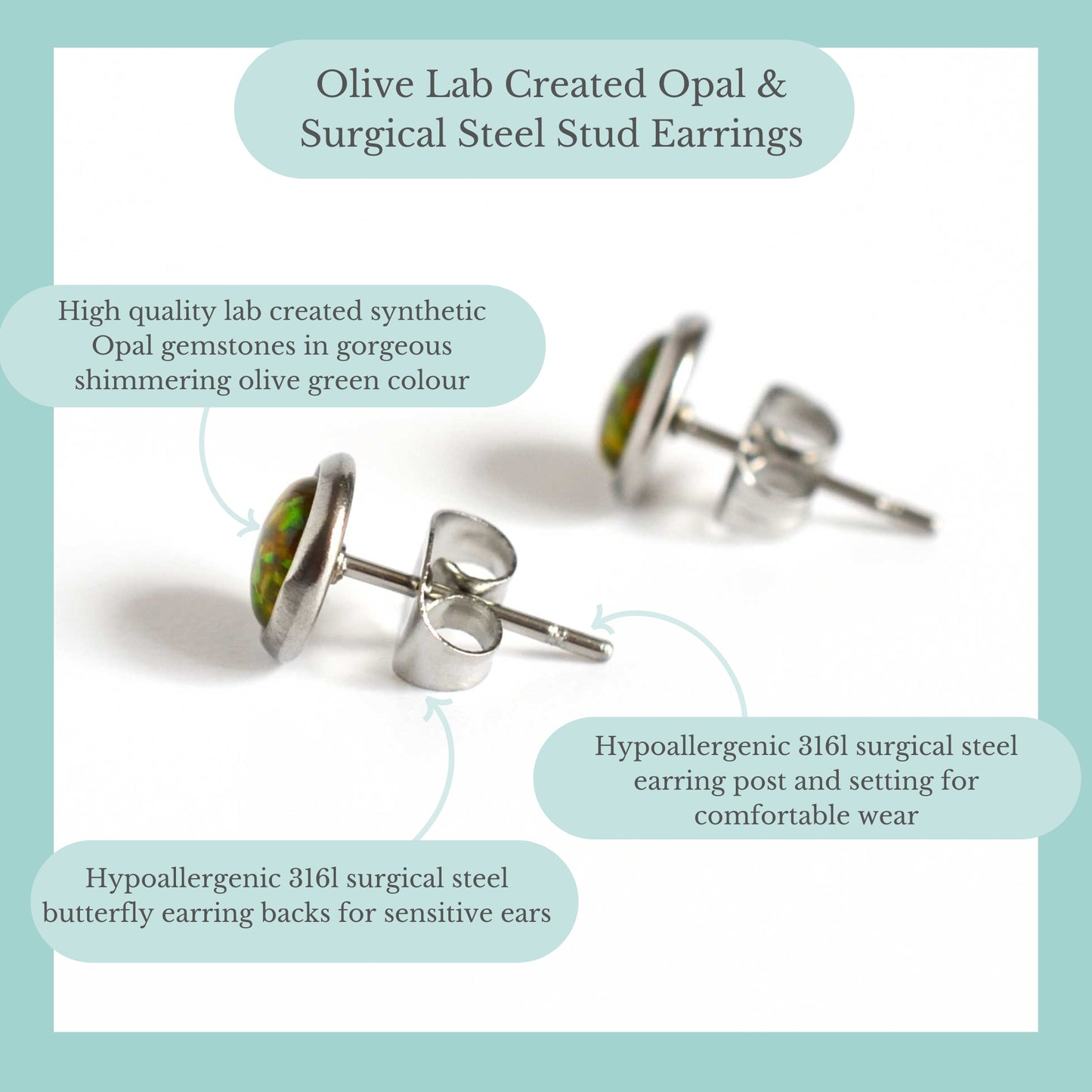 Olive Green Lab Created Opal & Surgical Steel Stud Earrings Product Information Graphic