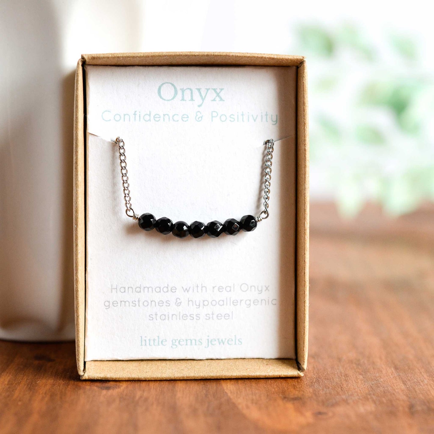 Dainty black Onyx gemstone necklace in gift box