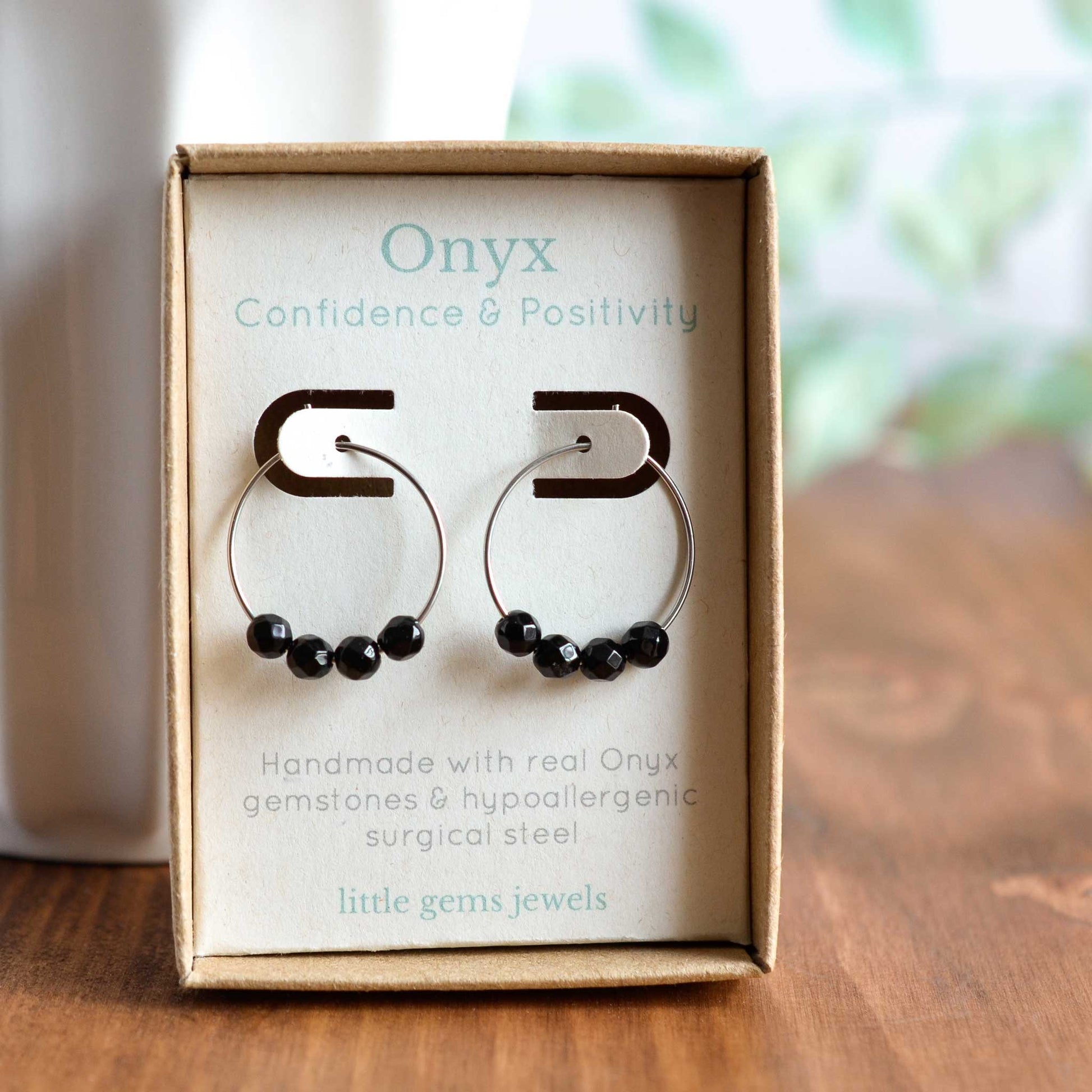 Black Onyx hoop earrings in eco friendly gift box
