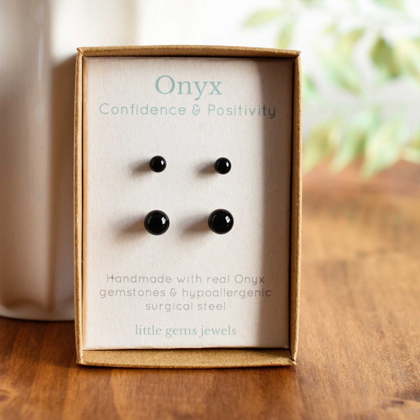 4mm & 6mm Onyx gemstone stud earrings in eco friendly gift box