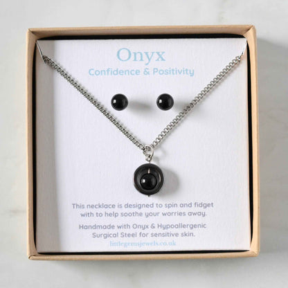 Onyx gemstone spinner necklace and stud earring set n and eco friendly gift box.