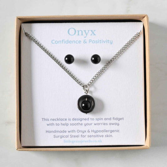 Onyx gemstone spinner necklace and stud earring set n and eco friendly gift box.
