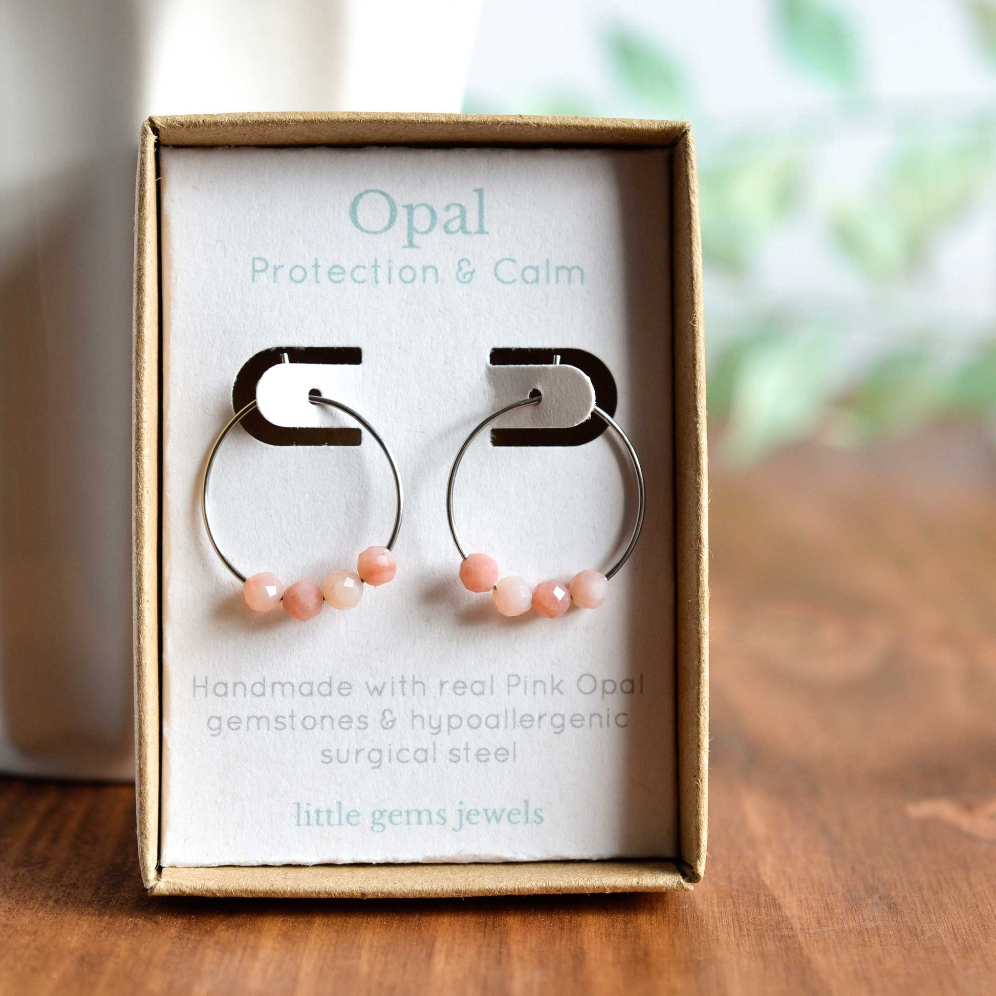 Pink Opal gemstone hoop earrings in eco friendly gift box