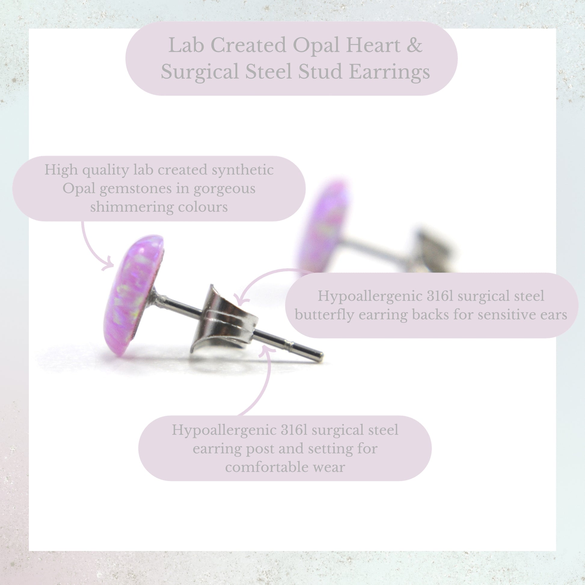 Pink Lab Created Opal Heart & Surgical Steel Stud Earrings Product Information Graphic