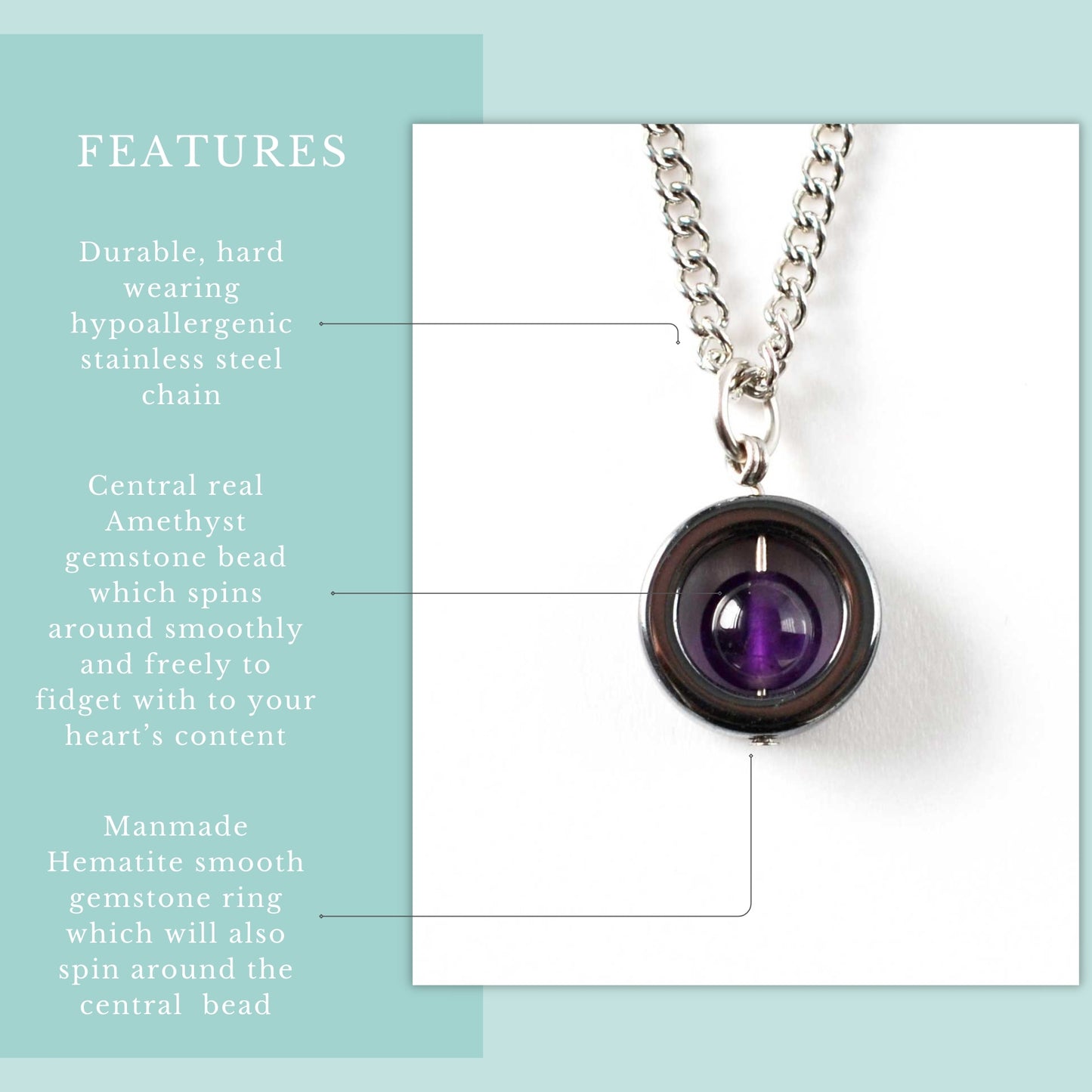 Features graphic for Amethyst & Hematite gemstone spinner pendant on hypoallergenic stainless steel chain.