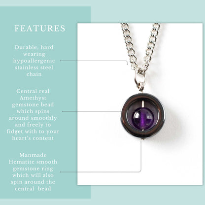 Features graphic for Amethyst & Hematite gemstone spinner pendant on hypoallergenic stainless steel chain.