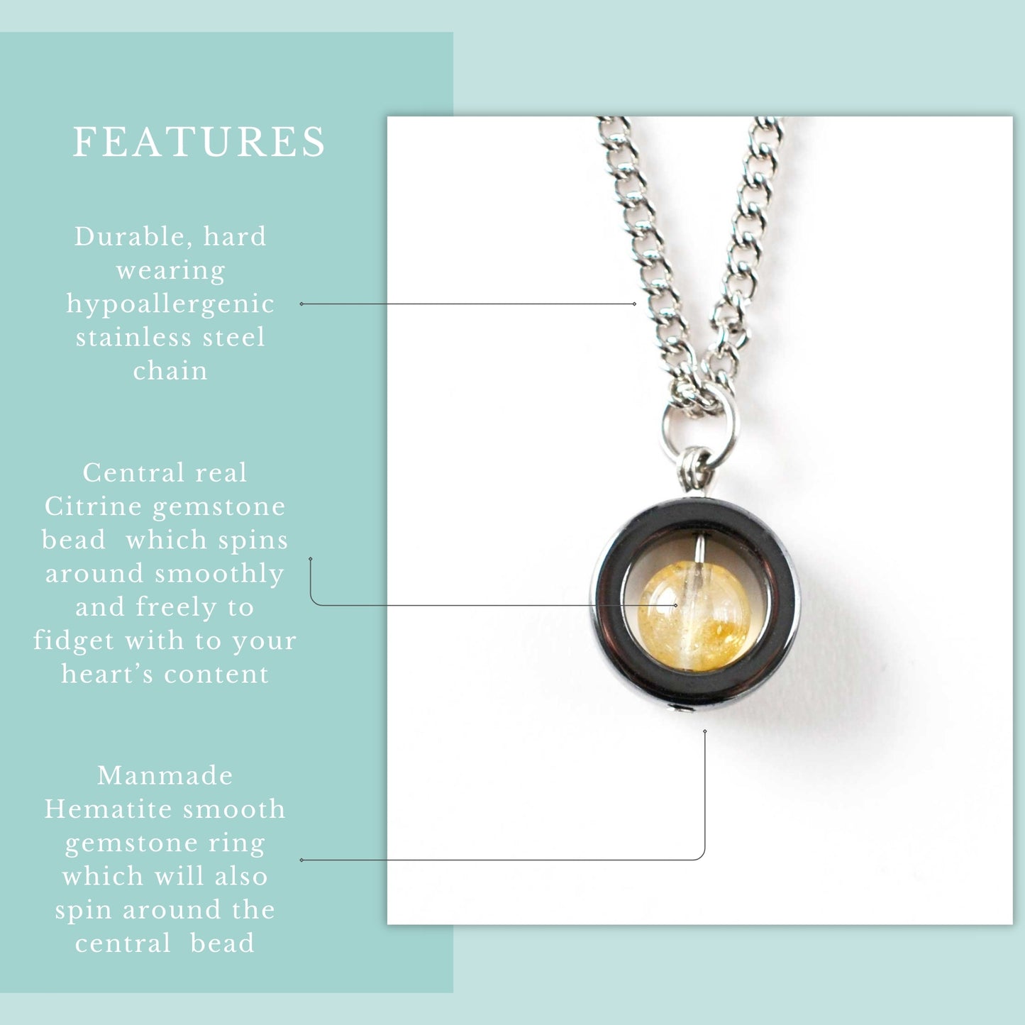 Feature graphic for Citrine & Hematite gemstone fidget necklace with hypoallergenic stainless steel chain.