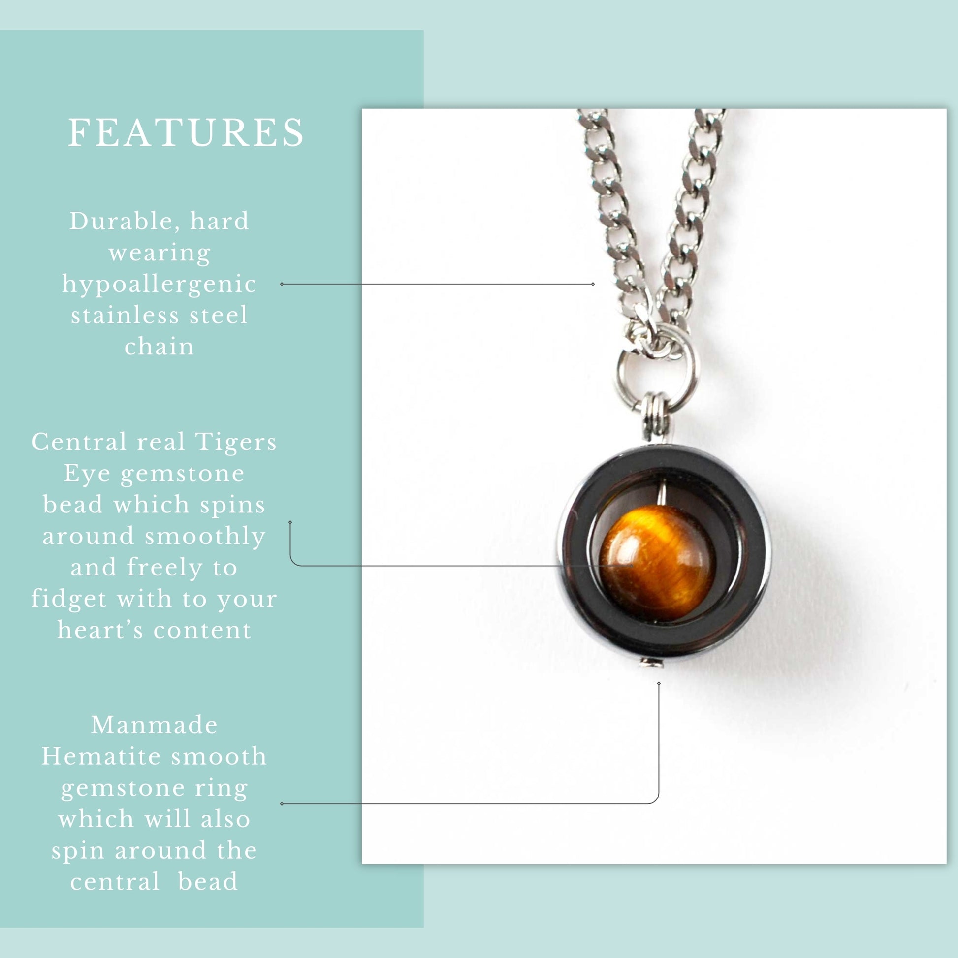 Features guide for Hematite & Tigers Eye gemstone spinner necklace with hypoallergenic stainless steel chain.