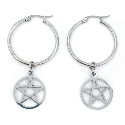 Steel hoop earrings with pentagram charms on a white background