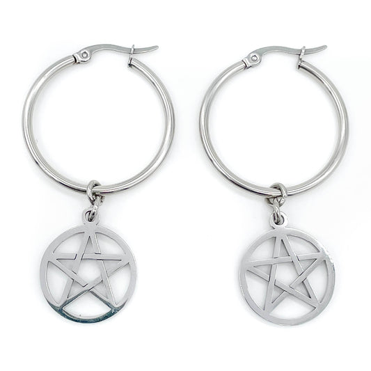 Steel hoop earrings with pentagram charms on a white background