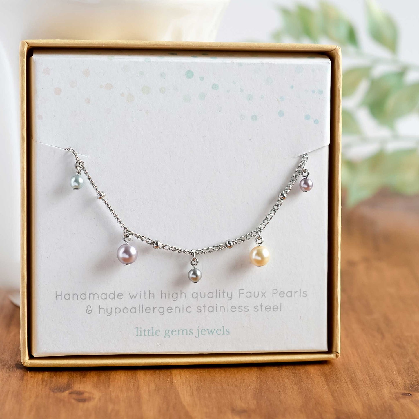 Faux pearl charms bracelet in eco friendly gift box