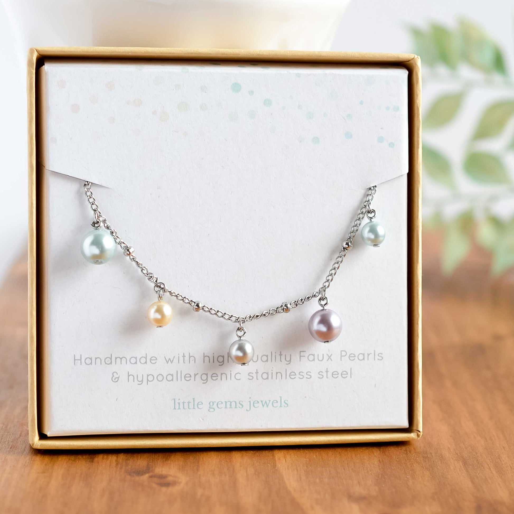 Faux pearl charms necklace in eco friendly gift box
