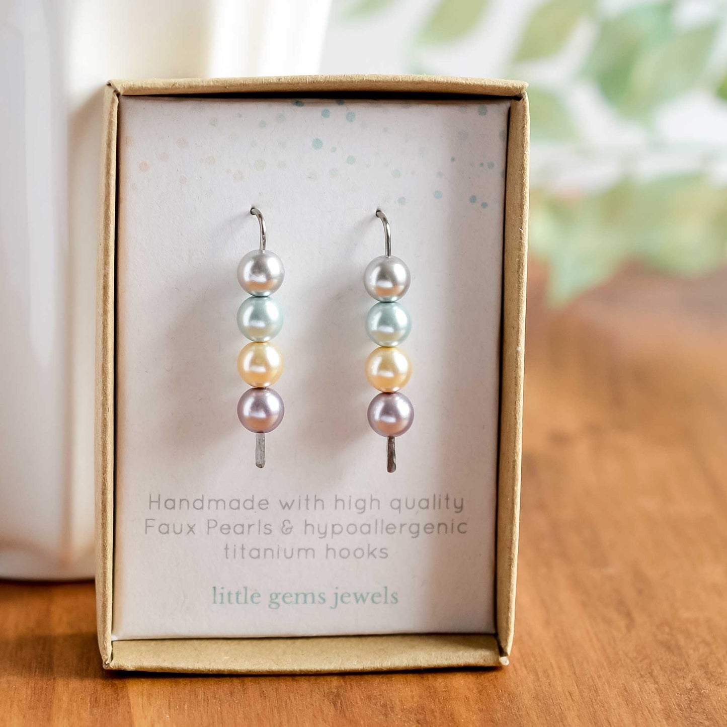 Faux pastel pearl stack earrings in eco friendly gift box