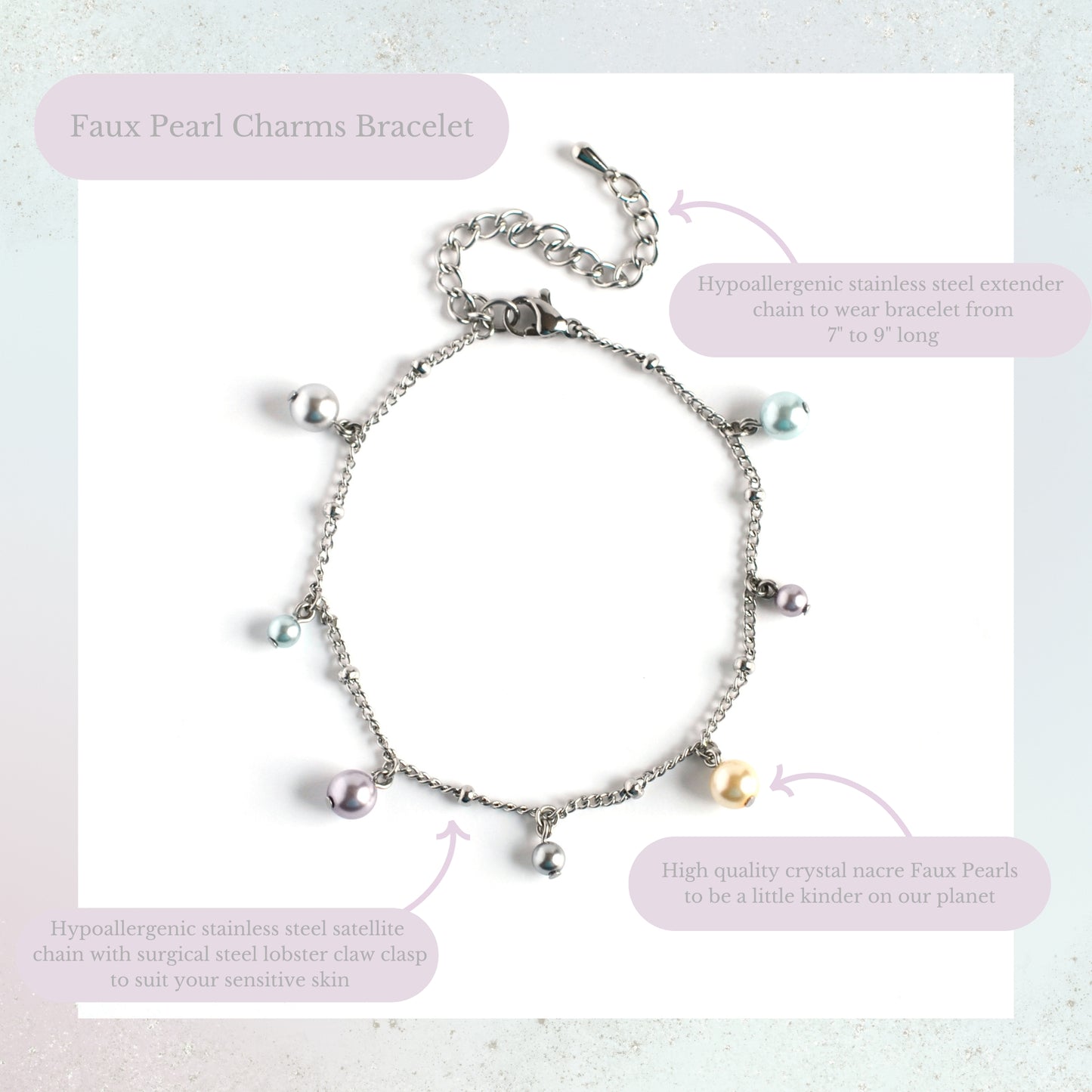 Faux pearl charms bracelet product information graphic